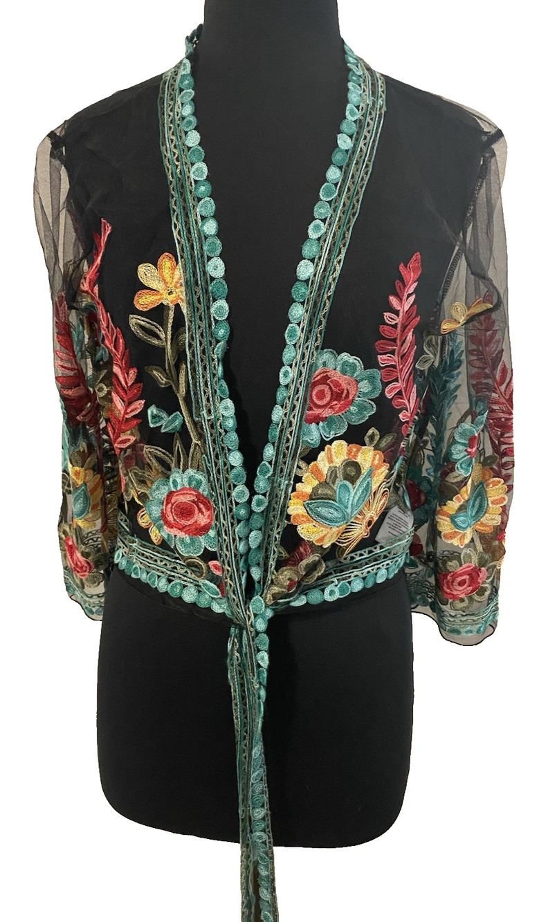 Rachel Zoe Womens Embroidered Floral Mesh Boho Blouse / Jacket One Size Festival